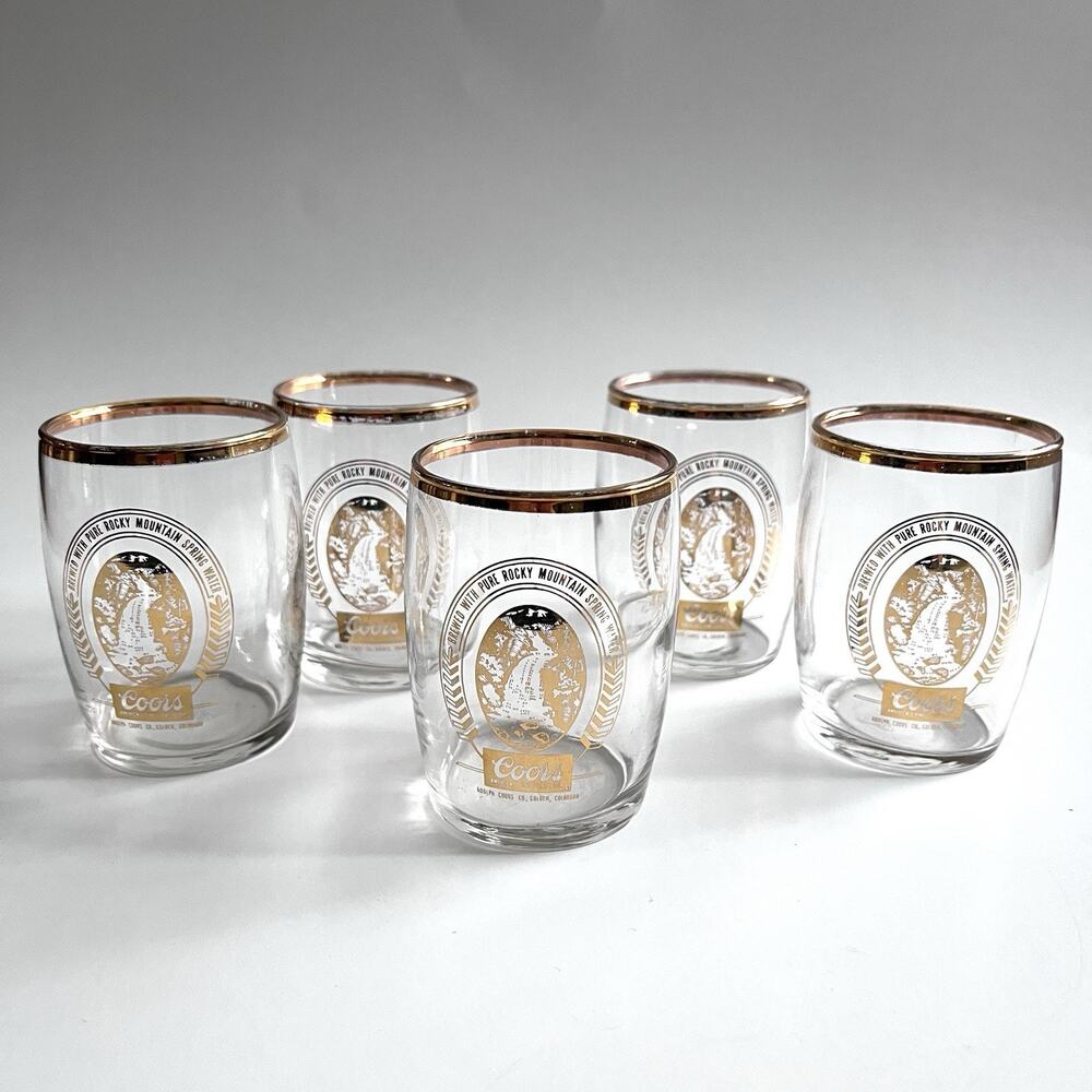 Set of 5 Coors Gold Rim Sampler Glasses Libbey Rocky Mountain Bar Brewery VTG
